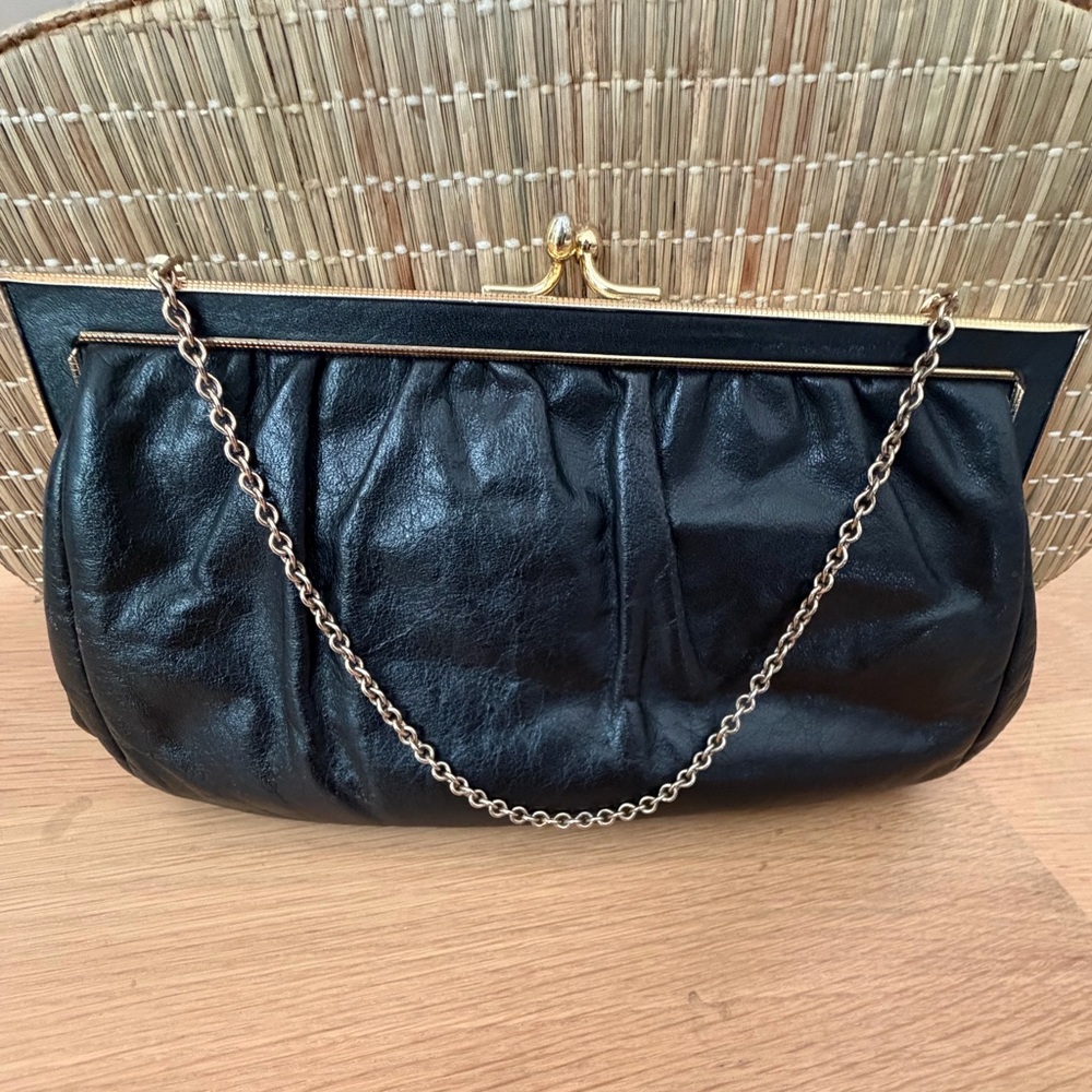 Black Leather Clutch with Gold Chain Accent